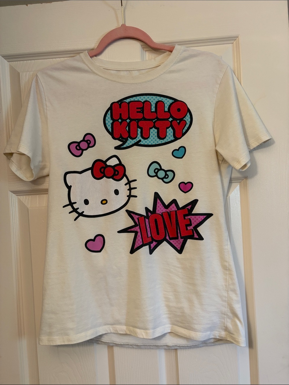 Hello Kitty White Tee with Pink, Red and Aqua Graphic